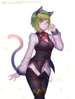 Rating: s Tags: Female, Glasses, Green Eyes, Short Hair, Chain, Nekomimi, Bows (Fashion), Shirt, Bow Tie, Pants, Kemonomimi, Striped, White Background, Original, Orange Eyes, deviantART, Hair Clip, Solo, Striped Print, White Shirt, Smile, Simple Background, Red Bow, Looking At Camera, Black Pants, Slapmyface, Light Background, Striped Outerwear