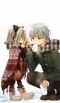 Rating: s Tags: Female, Male, Snow, Red Eyes, Boots, Eating, Food, Pantyhose, Winter, Child, Blonde Hair, Coat, Gray Hair, Meat Buns, Earmuffs, Headband, Pants, Original, Pixiv, Scarf, Shawl, Crouching, Duo, Standing, Breath, Pixiv Id 23166