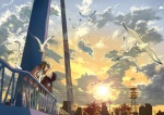 Rating: s Tags: Female, Male, Sunset, Unidentified, City, Bird, Sun, Clouds, Short Hair, Animal, Hat, Sky, Scenery, Duo, Afternoon