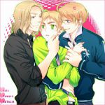 Rating: s Tags: Male, Short Hair, Hug, Blonde Hair, Holding Hands, Ahoge, Axis Powers: Hetalia, France, United States, United Kingdom, Studio Deen, Quarrel, Shikago