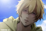 Rating: s Tags: Male, Fanart, Short Hair, Blush, Blonde Hair, Sky, Pink Eyes, Pixiv, Solo, Text, Fanart From Pixiv, Looking At Camera, Shiroyasha (Artist), Hazuki Nagisa, Free!