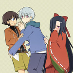 Rating: s Tags: Female, Male, Fanart, Long Hair, Black Hair, Short Hair, Blush, Holding Hands, Bows (Fashion), Mirai Nikki, Hair Bow, Traditional Clothes, Amano Yukiteru, Japanese Clothes, Trio, Shacttainw, Grabbing, 1:1 Ratio, Kasugano Tsubaki, Akise Aru