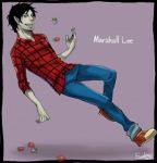 Rating: s Tags: Male, Fanart, Black Hair, Red Eyes, Strawberry, Short Hair, Food, Gender Bending, Green Skin, Pixiv, Solo, Text, Vampire, Pointy Ears, Purple Background, Text: Character Name, Text: Mangaka Name, Adventure Time, Fanart From Pixiv, Marshall Lee, Pixiv Id 1517932