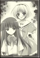 Rating: s Tags: Female, Monochrome, Suzuhira Hiro, Long Hair, Short Hair, Uniform, Blush, Higurashi no Naku Koro ni, Houjou Satoko, Furude Rika, Bows (Fashion), Two Girls, Scan, Embarrassed, 07th Expansion, Duo, School Uniform, Smile