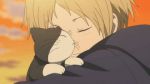 Rating: s Tags: Male, Short Hair, Animal, Blush, Hug, Cat, Blonde Hair, Eyes Closed, Screenshot, Natsume Yuujinchou, Smile, Natsume Takashi