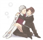 Rating: s Tags: Female, Couple, Long Hair, Brown Hair, Short Hair, Uniform, White Hair, Happy, Eyes Closed, Shin Megami Tensei: PERSONA 3, Knee High Socks, Pixiv, Persona Series, Hair Clip, School Uniform, Smile, Female Protagonist (Persona 3), Sanada Akihiko