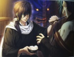 Rating: s Tags: Male, Long Hair, Green Hair, Purple Hair, Food, Rice, Scan, Serious, Hakuouki Shinsengumi Kitan, Traditional Clothes, Chopsticks, Saitou Hajime, Duo, Frown, Evil Face