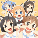 Rating: s Tags: Female, Glasses, Blue Hair, Long Hair, Black Hair, Brown Hair, Brown Eyes, Blue Eyes, Short Hair, Animal, Blush, Black Cat, Cat, Orange Hair, Coat, Android, Black Eyes, Kemonomimi, Open Mouth, Five Girls, Cat Pose, Scarf, Lacosoregashi, Quintet, School Uniform, Lab Coat, Smile, Nichijou, Naganohara Mio, Shinonome Hakase, Aioi Yuuko, Minakami Mai, Twintail, Shinonome Nano, Sakamoto (Nichijou), Short Twintails
