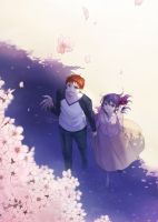 Rating: s Tags: Female, Male, Fanart, Flower, Dress, Fate/stay night, Red Eyes, Type-MOON, Short Hair, Orange Hair, Holding Hands, Matou Sakura, Bows (Fashion), Aerial View, Petal, Pants, Emiya Shirou, Hair Bow, Pixiv, Pink Flower, Duo, Looking Up, Koko (Oyasuminasai), Fanart From Pixiv, Black Pants