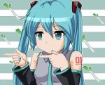 Rating: s Tags: Female, Twin Tails, Hatsune Miku, Long Hair, Food, Vocaloid, Parody, Striped, Leek, Striped Background, Chuunibyo Demo Koi Ga Shitai! (Parody), Animefr1k1996