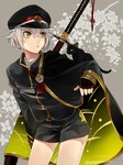 Rating: s Tags: Male, Fanart, Flower, Green Eyes, Short Hair, Uniform, Animal, Hat, Military Uniform, Cat, Child, Sword, Cape, Jacket, Gray Hair, Shorts, Weapons, Little Boy, Personification, Pixiv, Solo, Black Jacket, Black Hat, Sheath, Military Hat, Frown, Sidelocks, Long Sleeves, Signature, Looking At Another, Collar (Clothes), PNG Conversion, Flower Background, Fanart From Pixiv, Black Cape, Light Background, Black Shorts, Black Cat (Animal), Kuro Nyanko (Pixiv1129865), Twitter, Black Furred Animal, Black Headwear, Black Outerwear, Touken Ranbu, Hotarumaru, Oodachi