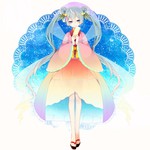 Rating: s Tags: Female, Fanart, Twin Tails, Dress, Hatsune Miku, Long Hair, Blue Eyes, Shoes, Vocaloid, Sandals, Teal Hair, Pixiv, Traditional Clothes, Alternate Outfit, Solo, Hair Buns, Alternate Hairstyle, Japanese Clothes, Smile, Twin Buns, Long Sleeves, Wide Sleeves, Japanese Sandals, Star (Symbol), Fanart From Pixiv, Closed Mouth, Looking At Camera, 1:1 Ratio, Light Background, Full Body, Thong Sandals, Pixiv Id 2798666