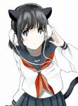 Rating: s Tags: Female, Black Hair, Blue Eyes, Short Hair, Skirt, Tail, Nekomimi, Headphones, Kemonomimi, White Background, Original, Pixiv, Wires, Solo, Cat Tail, Simple Background, Long Sleeves, Looking At Camera, Osa19