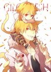 Rating: s Tags: Male, Fate/stay night, Red Eyes, Tail, Blonde Hair, Nekomimi, Sweets, Sitting, Two Males, Kemonomimi, Silverware, Mouth Hold, Teeth, Gilgamesh, Duo, Text, Parfait, Smile, Ko-gil, Text: Character Name, Mayer