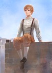 Rating: s Tags: Male, Fanart, Purple Eyes, Short Hair, Shoes, Blonde Hair, Sky, Sitting, Shirt, Building, Pants, Axis Powers: Hetalia, Latvia, Outdoors, Pixiv, Alternate Outfit, Day, Solo, Suspenders, Arm Support, White Shirt, Realistic, Smile, Long Sleeves, Erico Lotus, Collar (Clothes), Blue Sky, Bent Knees, Fanart From Pixiv, Closed Mouth, Brown Pants, White Legwear, Full Body, Black Footwear, Slight Smile, Looking Ahead
