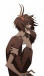 Rating: s Tags: Male, Fanart, Black Hair, Short Hair, Hug, Eyes Closed, Horns, Two Males, Tongue, Open Mouth, White Background, Scar, Teeth, deviantART, Screaming, Duo, Sharp Teeth, Simple Background, Holding Close, Homestuck, Gamzee Makara, Karkat Vantas, Fanart From DeviantART, Spriteocarina