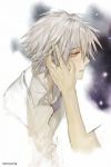Rating: s Tags: Couple, Male, Fanart, Red Eyes, Short Hair, Yaoi, Blush, Neon Genesis Evangelion, Nagisa Kaworu, Gray Hair, Open Mouth, Pixiv, Solo, Looking Away, Text, Simple Background, Hand On Head, Hand On Cheek, Text: Mangaka Name, Fanart From Pixiv, Almost Crying, Memipong