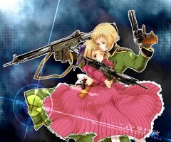 Rating: s Tags: Female, Male, Dress, Red Dress, Green Eyes, Short Hair, Uniform, Gloves, Military Uniform, Blonde Hair, Wink, Gun, Red Outfit, Pants, Axis Powers: Hetalia, Liechtenstein, Switzerland, Hair Bow, Siblings, Studio Deen, Kono Sunayarou