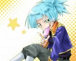 Rating: s Tags: Male, Fanart, Blue Hair, Long Hair, Green Eyes, Candy, Ponytail, Belt, Coat, Shirt, Pants, Open Mouth, Lollipop, Teeth, Pixiv, Solo, Smile, Bangs, Open Clothes, Open Coat, Fanart From Pixiv, Yu-Gi-Oh! ARC-V, Shiunin Sora, Pixiv Id 3930978