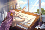Rating: s Tags: Female, Long Hair, Blue Eyes, Clouds, Pink Hair, Vocaloid, Sky, Megurine Luka, Table, Sunbeam, Window, Drawing (Object), Delfina-aka-saja