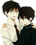 Rating: s Tags: Male, Fanart, Glasses, Twins, Family, Black Hair, Blue Eyes, Green Eyes, Short Hair, Brothers, Hug, Jacket, Shirt, Two Males, Tie, Open Mouth, White Background, Teeth, Pixiv, Siblings, Striped Print, Duo, White Shirt, Smile, Pointy Ears, Looking Back, Simple Background, Ao No Exorcist, Okumura Rin, Okumura Yukio, Holding Close, Collar (Clothes), Tsukimori Usako, Striped Tie, PNG Conversion, Fanart From Pixiv, Looking At Camera, Okumura Twins