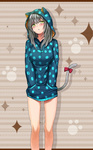 Rating: q Tags: Female, Ecchi, Ribbon, Blush, Tail, Nekomimi, Spotted, Gray Hair, Pink Ribbon, Gold Eyes, Kemonomimi, Open Mouth, Original, Sparkles, Bottomless, Hood, Solo, Frame, Hoodie, Standing, Medium Hair, Hand In Pocket, Cat Tail, Long Sleeves, Spotted Print, Animal Hood, Cat Hood, Paw Print, Erubo, Blue Hoodie