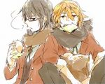 Rating: s Tags: Male, Fanart, Glasses, Short Hair, Uniform, Eating, Food, Red Hair, Sitting, Two Males, White Background, Bread, Pixiv, Duo, School Uniform, Simple Background, Bent Knees, Fanart From Pixiv, Pixiv Id 283537, K Project, Fushimi Saruhiko, Yata Misaki