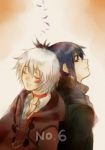 Rating: s Tags: Male, Fanart, Black Hair, Short Hair, White Hair, Ponytail, Eyes Closed, Coat, Sitting, Two Males, Silver Eyes, Pixiv, Scarf, Back To Back, Duo, Text, Smile, Simple Background, Text: Series Name, Fanart From Pixiv, No.6, Nezumi (No.6), Sion (No.6), Pixiv Id 262539