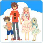 Rating: s Tags: Female, Male, Fanart, Dress, White Dress, Long Hair, Black Hair, Happy, Child, Holding Hands, Gray Hair, White Outfit, Pixiv, Multiple Persona, Standing, Smile, Long Sleeves, Ano Hi Mita Hana No Namae O Bokutachi Wa Mada Shiranai., Conoha (Pixiv Id 175319), Fanart From Pixiv, Honma Meiko, Yadomi Jinta