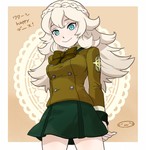 Rating: s Tags: Female, Fanart, Blue Eyes, Uniform, Skirt, Blonde Hair, Coat, Bows (Fashion), Shirt, Braids, Pixiv, Solo, School Uniform, Text, Standing, Smile, Mizuhara Aki, Japanese Text, Fanart From Pixiv, Closed Mouth, Danball Senki Wars, Lon Ghair