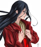 Rating: s Tags: Black Hair, Coat, White Background, Scarf, Simple Background, Wild Nobara