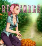 Rating: s Tags: Female, Pink Hair, Food, Shirt, Cigarette, Smoking, One Piece, Marine (One Piece), Orange (fruit), Bellemere, Blue Shirt