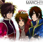 Rating: s Tags: Male, Long Hair, Brown Hair, Blue Eyes, Red Eyes, Short Hair, Ponytail, Eyepatch, Wink, Gold Eyes, Sengoku Basara, Date Masamune (Sengoku Basara), Sanada Yukimura (Sengoku Basara), Three Males, Capcom, Spiky Hair, Trio, Crossed Arms, Maeda Keiji (Sengoku Basara), Hand On Head