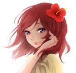 Rating: s Tags: Female, Flower, Purple Eyes, White Background, Hair Flower, Hibiscus, Red Flower, Solo, Smile, Simple Background, Nishikino Maki, Love Live!, PNG Conversion, Light Background, Moge0312