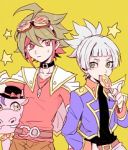 Rating: s Tags: Male, Fanart, Blue Hair, Long Hair, Green Eyes, Red Eyes, Green Hair, Blush, Candy, Red Hair, Ponytail, Belt, Coat, T-shirt, Ahoge, Pants, Lollipop, Pixiv, Goggles, Medium Hair, Coat Over Shoulders, Yellow Background, Bangs, Simple Background, Open Clothes, Open Coat, Star (Symbol), Goggles On Head, Fanart From Pixiv, Two-tone Hair, Peko (Omamekun), Hippopotamus, Goggles Off, Yu-Gi-Oh! ARC-V, Sakaki Yuya, Entermate Discover Hippo, Shiunin Sora