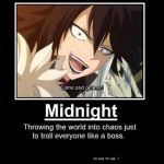 Rating: s Tags: Black Hair, Red Eyes, Gothic, White Hair, Humor, Evil, Open Mouth, Lipstick, Grin, Fairy Tail, Solo, Portrait, Smile, Yandere, Evil Grin, Dark Persona, Evil Laugh, Sadist, Midnight (Fairy Tail), Looking At Camera, 1:1 Ratio, Troll Face, Crazy Eyes, Rage Comics