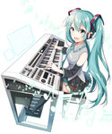 Rating: s Tags: Female, Fanart, Twin Tails, Hatsune Miku, Blue Hair, Long Hair, Music, Blue Eyes, Happy, Vocaloid, Keyboard (Instrument), Headphones, Musical Instrument, Open Mouth, White Background, Pixiv, Detached Sleeves, Solo, Thigh Highs, Music Note, Smile, Simple Background, Yuzuki Kihiro, Fanart From Pixiv, Looking At Camera, Light Background, Full Body, Playing Instrument
