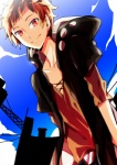 Rating: s Tags: Male, Fanart, Red Eyes, Short Hair, Blonde Hair, Sky, Jacket, Building, From Below, Pixiv, Solo, Smile, Skyscraper, Short Sleeves, Blue Sky, Looking At Camera, Kagerou Project, Kano Shuuya, Pixiv Id 4470088