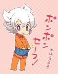 Rating: s Tags: Male, Fanart, Purple Eyes, White Hair, Spotted, Shirt, Pixiv, Solo, Text, Standing, Smile, :3, Spotted Background, Japanese Text, Fanart From Pixiv, Closed Mouth, 0328uppi, Inazuma Eleven GO, Full Body, Saryuu Evan, Inazuma Eleven Go: Chrono Stone