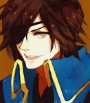 Rating: s Tags: Male, Brown Hair, Short Hair, Eyepatch, Gold Eyes, Open Mouth, Sengoku Basara, Date Masamune (Sengoku Basara), Solo, Smile, Smirk, Simple Background, Kite-mitiko, Brown Background, Looking At Camera