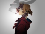 Rating: s Tags: Male, Fanart, Glasses, Purple Eyes, Short Hair, Ponytail, Blonde Hair, Smoking, Ahoge, Axis Powers: Hetalia, Canada, Pixiv, Solo, Hoodie, Simple Background, Gray Background, Fanart From Pixiv, Looking At Camera