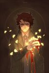 Rating: s Tags: Male, Blood, Brown Hair, Blue Eyes, Short Hair, Uniform, Jacket, Tie, Text, Simple Background, Brown Background, Text: Mangaka Name, Looking At Camera, Blood On Clothes, Will Graham, Hannibal (Tv Series), Lingrimm