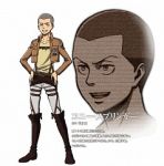 Rating: s Tags: Male, Uniform, Military Uniform, White Background, Solo, Text, Standing, Smile, Simple Background, Official Art, Japanese Text, PNG Conversion, Shingeki no Kyojin, Conny Springer, Cover Image, Wit Studio
