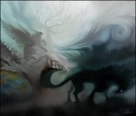 Rating: s Tags: Wings, Glow, Animal, Lightning, Horse, Cattle, Glowing Eyes, Electricity, Black Horse, Igriel (artist), White Cattle