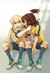 Rating: s Tags: Male, Fanart, Twin Tails, Glasses, Long Hair, Brown Hair, Uniform, Pink Hair, Blush, Ponytail, Blonde Hair, Eyes Closed, Sitting, Two Males, Open Mouth, Teeth, Pixiv, Alternate Color, Inazuma Eleven, Aqua Eyes, Alternate Hairstyle, Duo, Level-5, Smile, Soccer Uniform, Looking At Another, Sport Uniform, Shindou Takuto, Kirino Ranmaru, Fanart From Pixiv, Inazuma Eleven Go, Full Body, Pixiv Id 3335738, Soccer Uniform (Raimon Go)