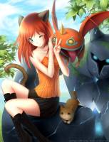 Rating: s Tags: Female, Green Eyes, Animal, Demon, Tail, Cat, Orange Hair, Nekomimi, Leaves, Tongue, Kemonomimi, Original, deviantART, Golem, Perfect World, Venomancer, Hitana, Untamed