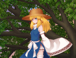 Rating: s Tags: Female, Fanart, Long Hair, Hat, Blonde Hair, Touhou, Tree, Zettai Ryouiki, Moriya Suwako, Pixiv, Detached Sleeves, Solo, Thigh Highs, Alternate Hairstyle, White Thigh Highs, Long Sleeves, Wide Sleeves, Fanart From Pixiv, White Legwear, Tandenho