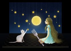Rating: s Tags: Female, Dress, Long Hair, Night, Green Eyes, Moon, Animal, Cat, Blonde Hair, Serious, Summer Dress, Stars (Sky), *Sui (P I R K A)