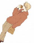 Rating: s Tags: Male, Glasses, Short Hair, Food, Blonde Hair, Shirt, Hamburger, Ahoge, Axis Powers: Hetalia, United States, White Background, Solo, Side View, Simple Background, Allied Forces, Red Shirt, Aco (Id 1216334), Mc'Donalds