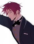 Rating: s Tags: Male, Fanart, Short Hair, Purple Hair, Jacket, Pink Eyes, Bows (Fashion), Bow Tie, White Background, Pixiv, Solo, Peaceful, Vest, Smile, Simple Background, Fanart From Pixiv, Looking Ahead, Matsuoka Rin, Free!, Pixiv Id 5177794